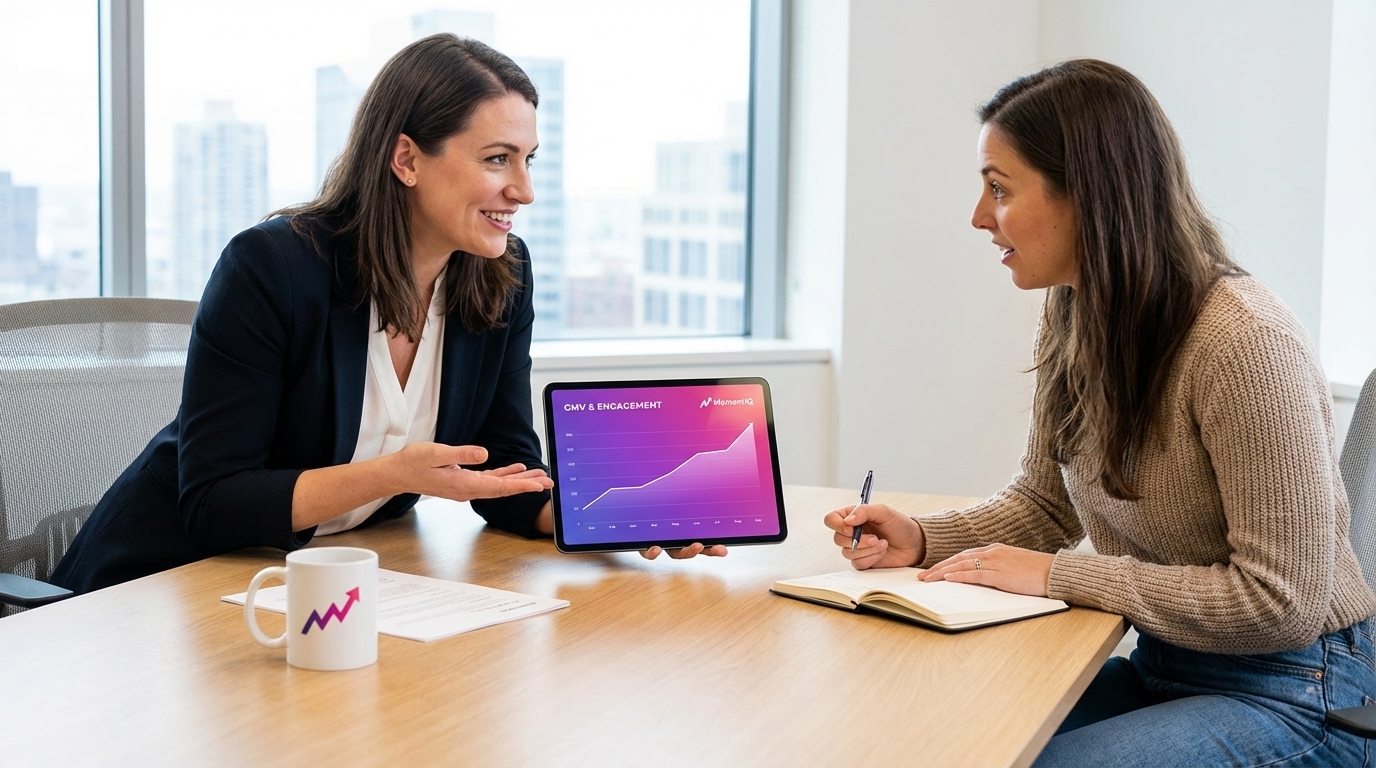 MomentIQ strategist engaging with a client during a TikTok Shop growth audit, showing positive results on a tablet.