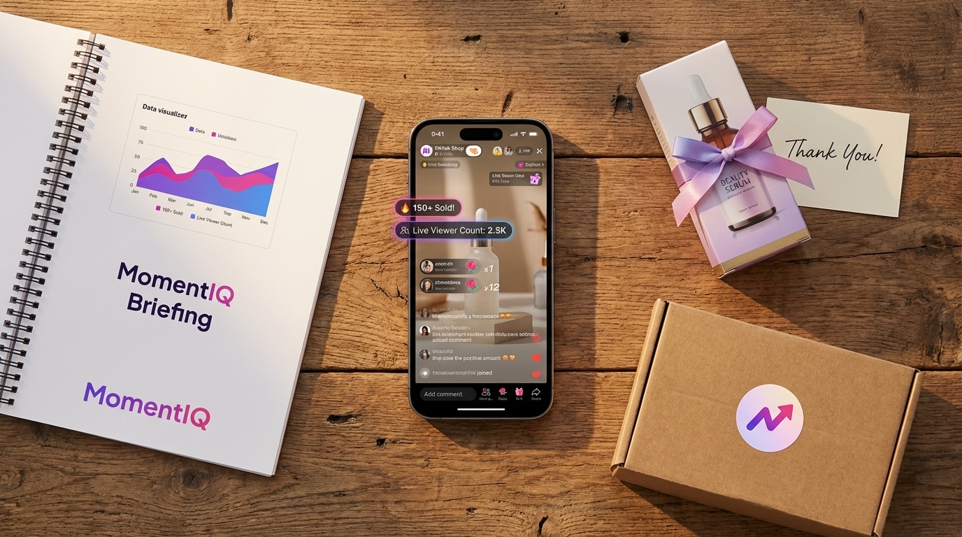 Overhead flat lay showing a successful TikTok Shop UGC ecosystem with products, phone, brief, and thank you note.