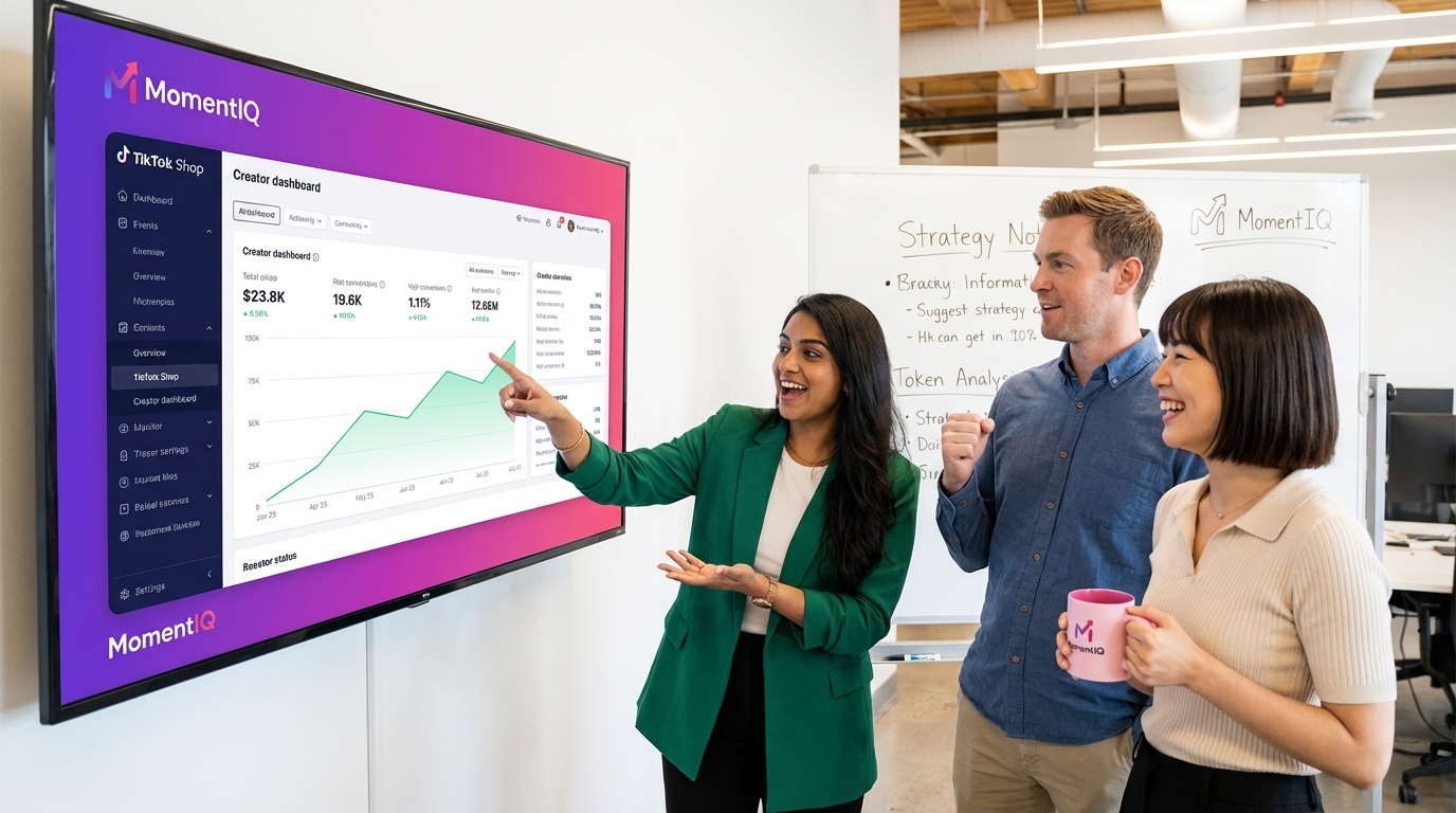 Brand team confidently reviewing TikTok Shop creator conversion data and sales performance on a dashboard.