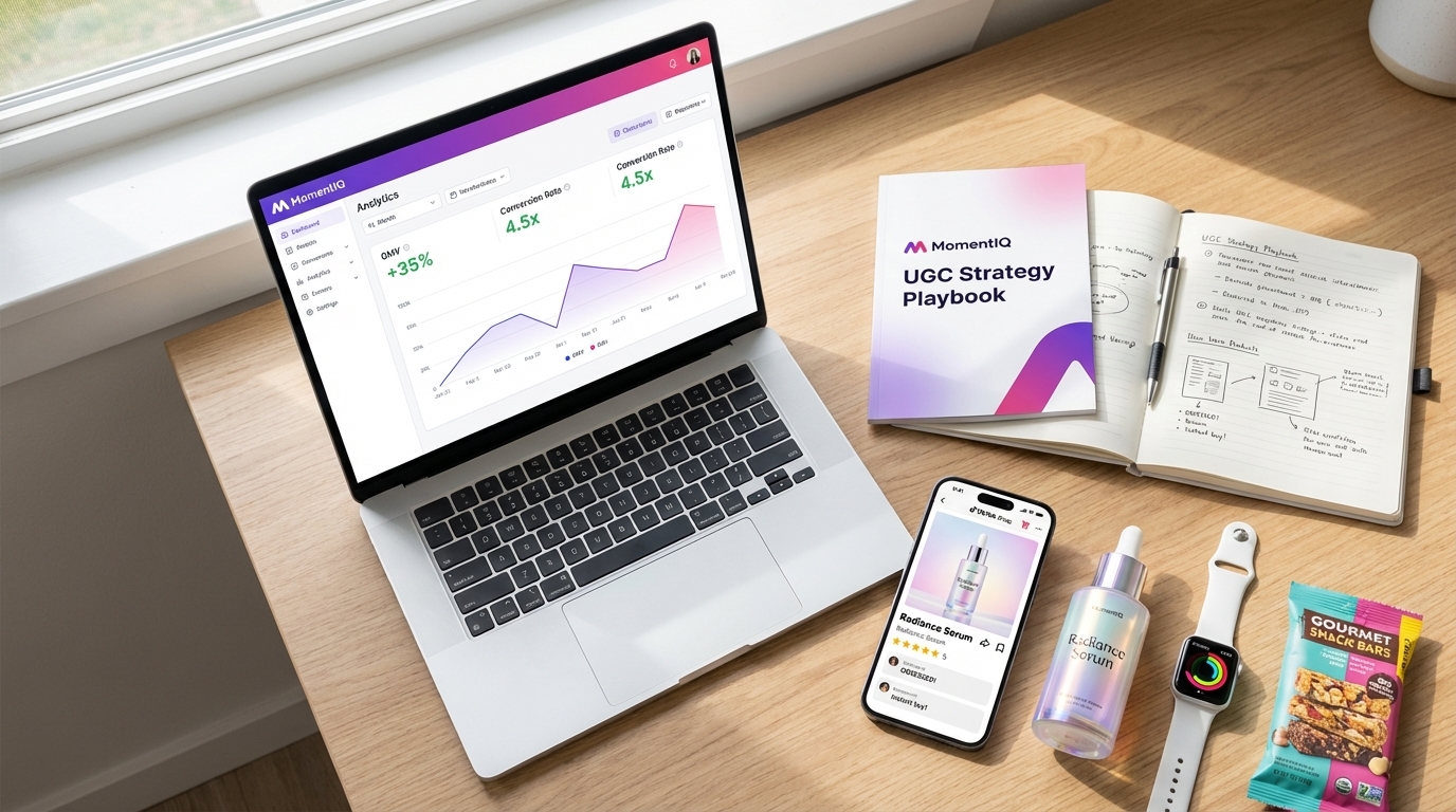 Overhead flat lay of a desk with laptop showing TikTok Shop analytics, products, and a MomentIQ strategy notebook.