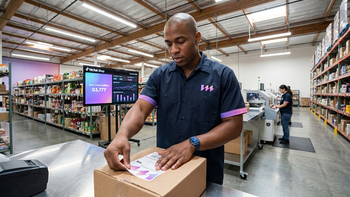 Happy fulfillment associate efficiently labeling TikTok Shop orders in a well-organized warehouse.