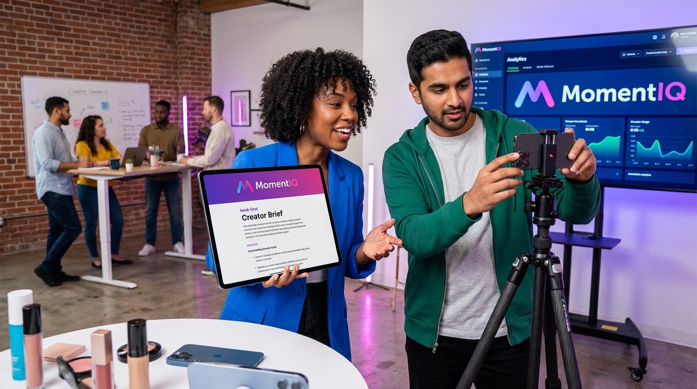 Creative director confidently reviewing a 'hook-first' TikTok Shop creator brief with a creator preparing to film.