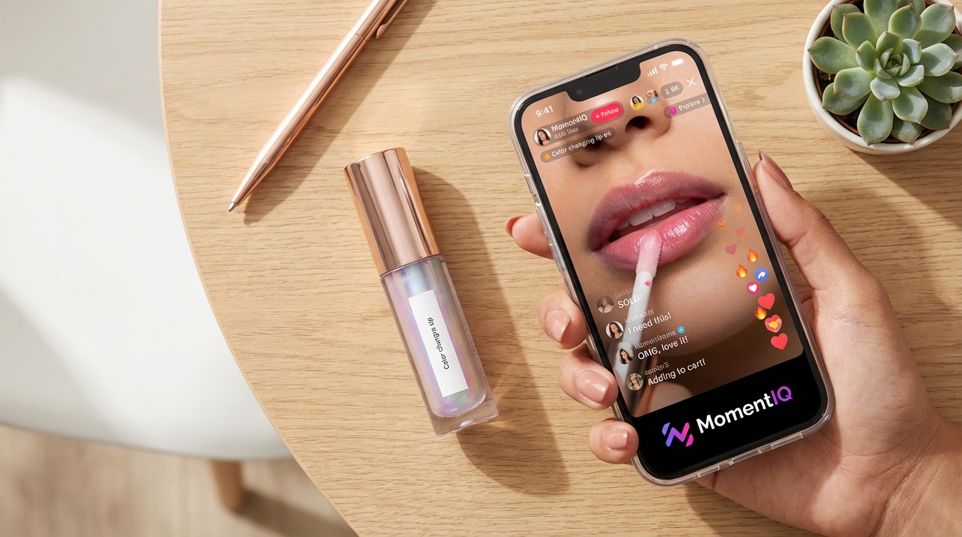 Flat lay of a visually appealing TikTok Shop product with a phone showing a live stream and positive comments.