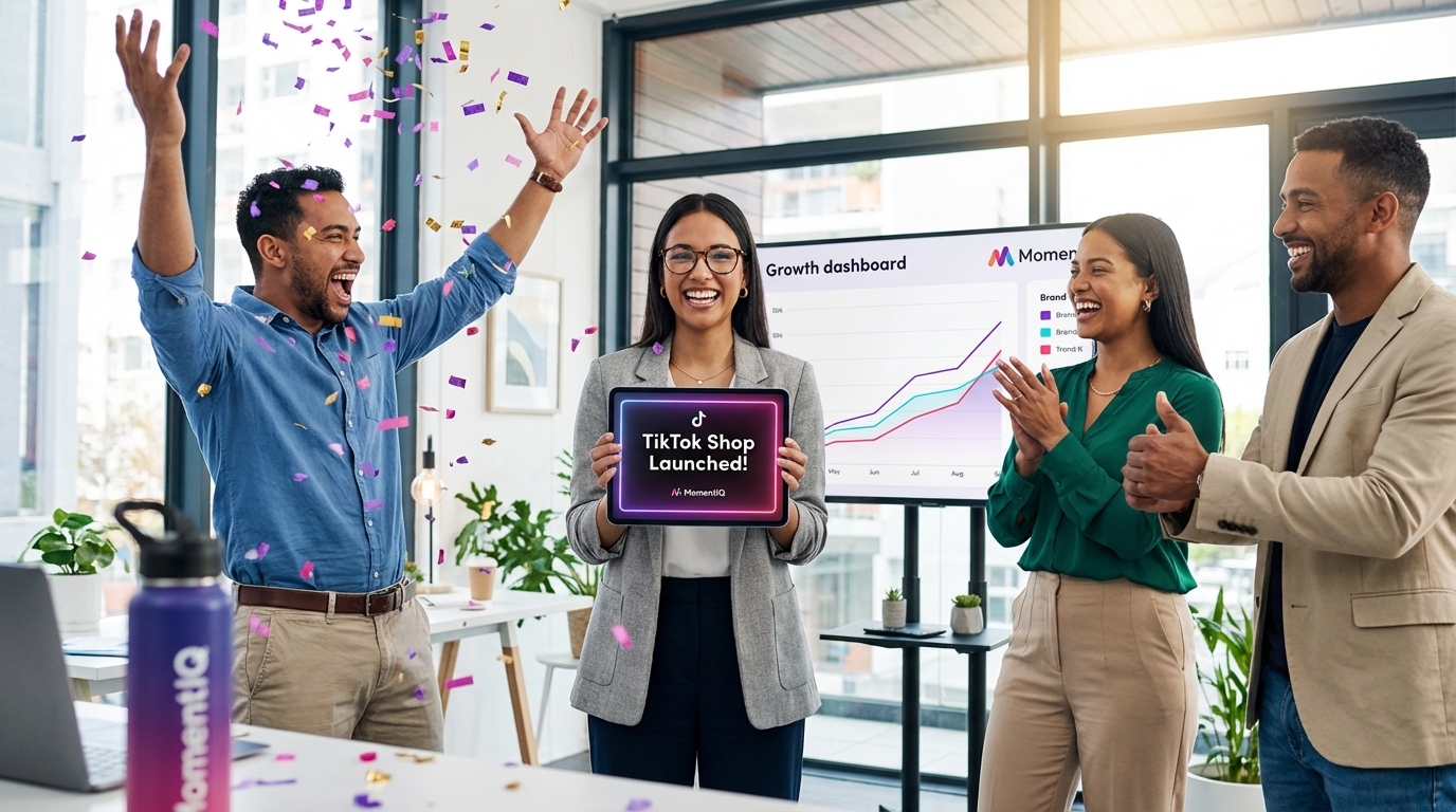 Diverse team celebrating a successful TikTok Shop launch in a modern office with confetti.