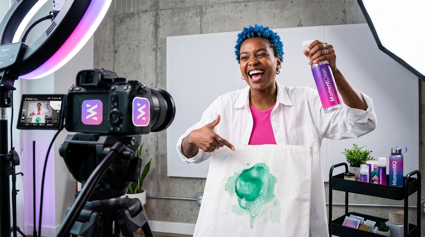 Confident TikTok creator demonstrating an easy-to-use product in a well-lit studio setup.