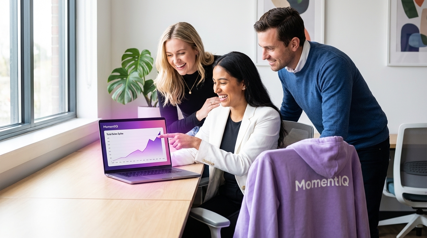 Team reviewing proprietary TikTok Shop data showing early sales spikes and growth.