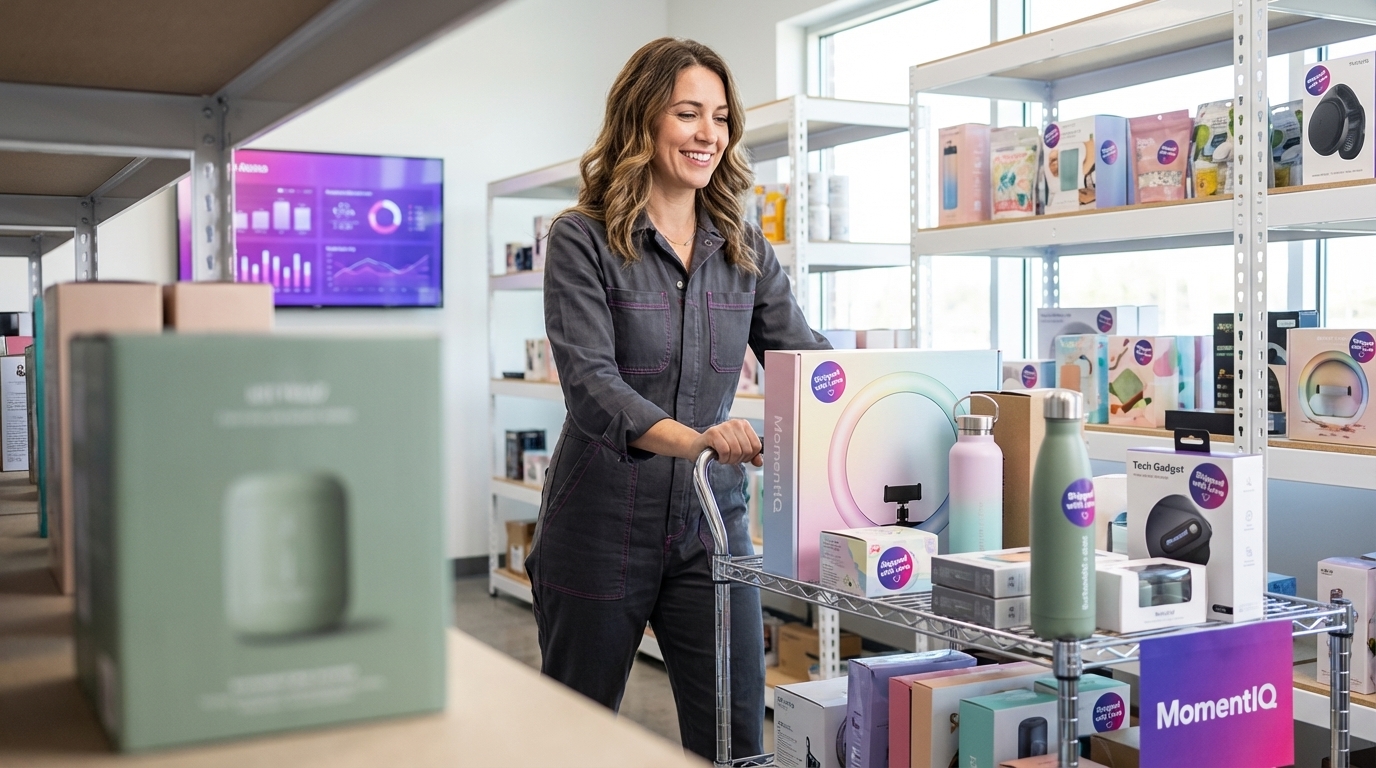 Organized warehouse with diverse, colorful TikTok Shop products ready for shipment.