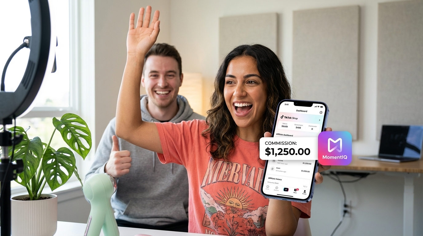 TikTok creator excitedly viewing high affiliate commissions on their phone for a new product.