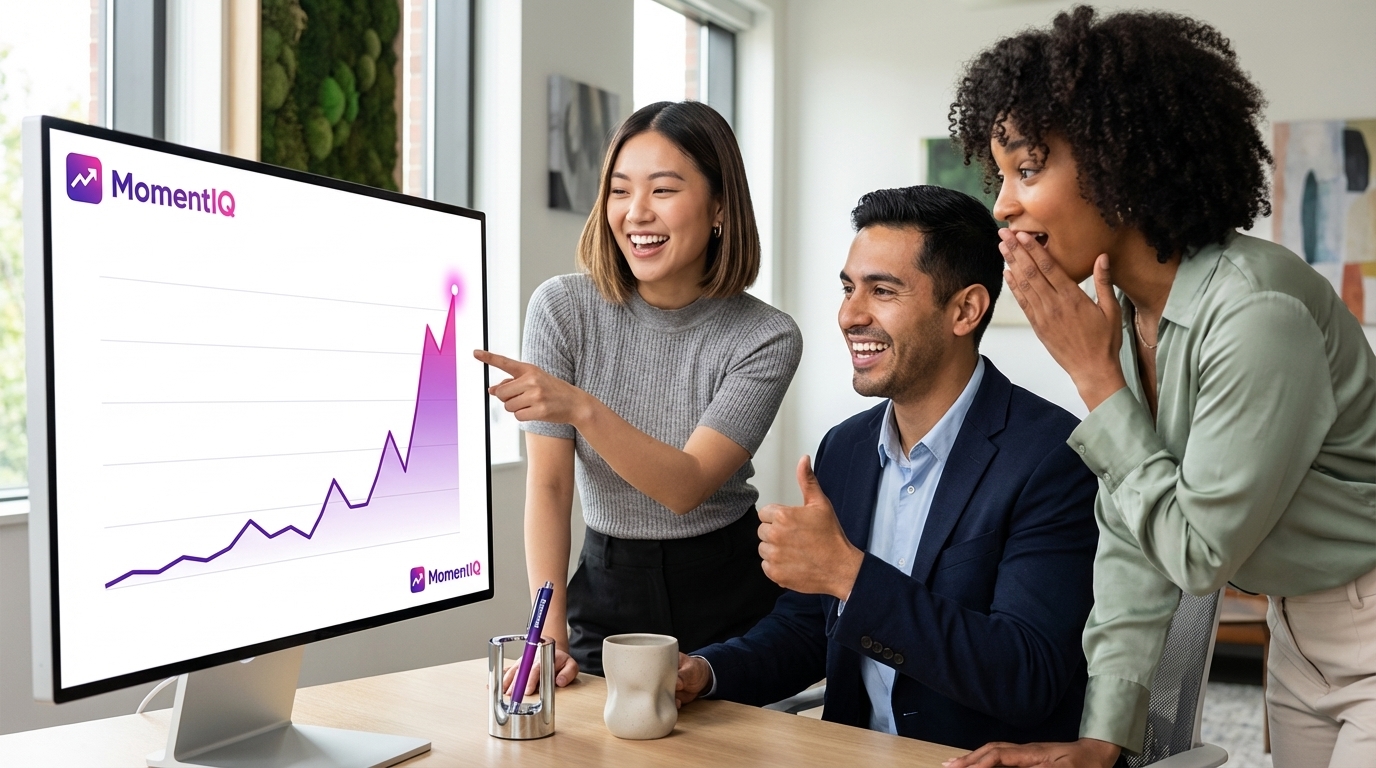 Team celebrating a discovered TikTok Shop trend on a data analytics dashboard, showing an upward sales spike.