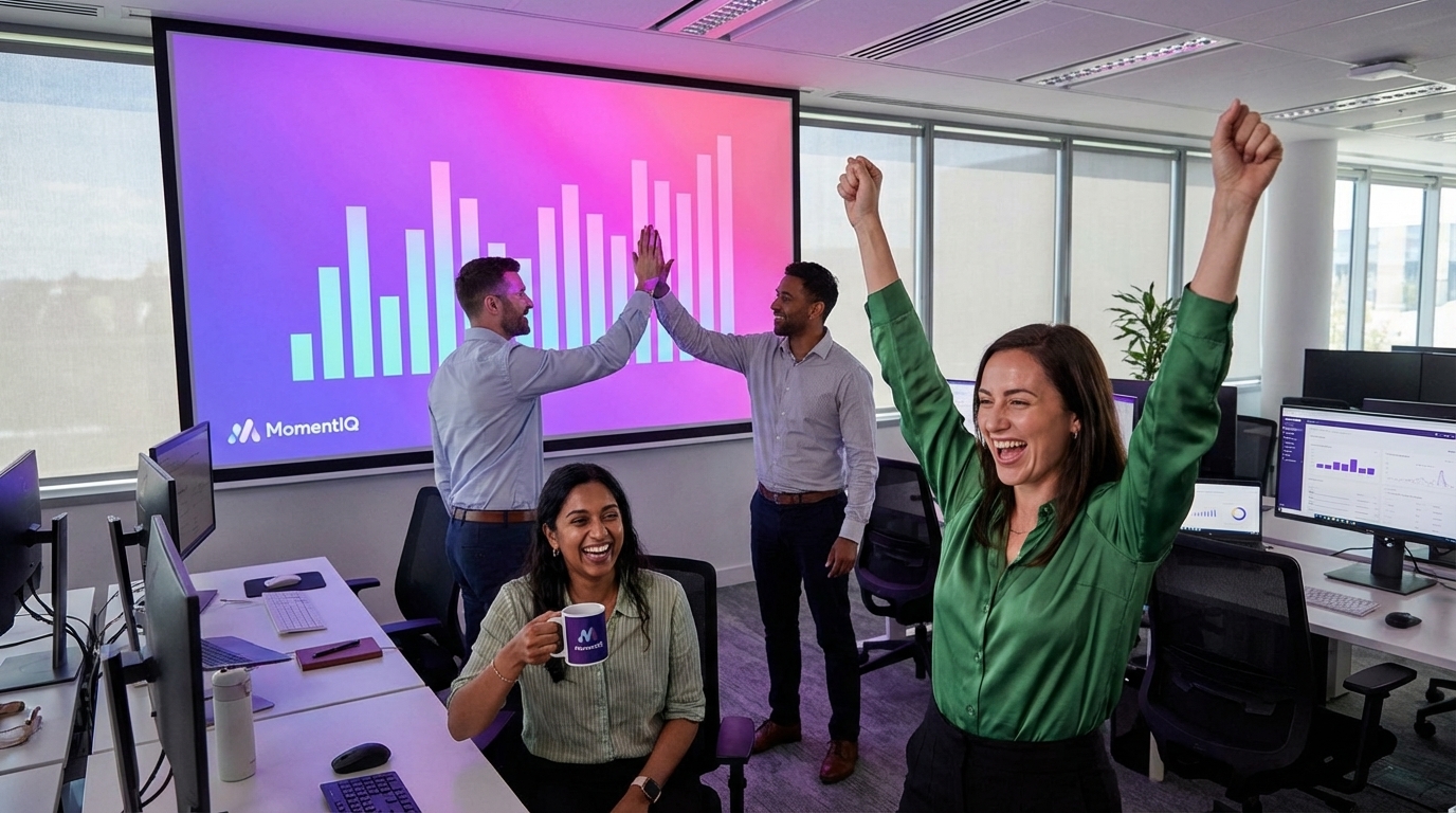 MomentIQ team leveraging real-time creator demand signals for TikTok Shop strategy in a modern war room.