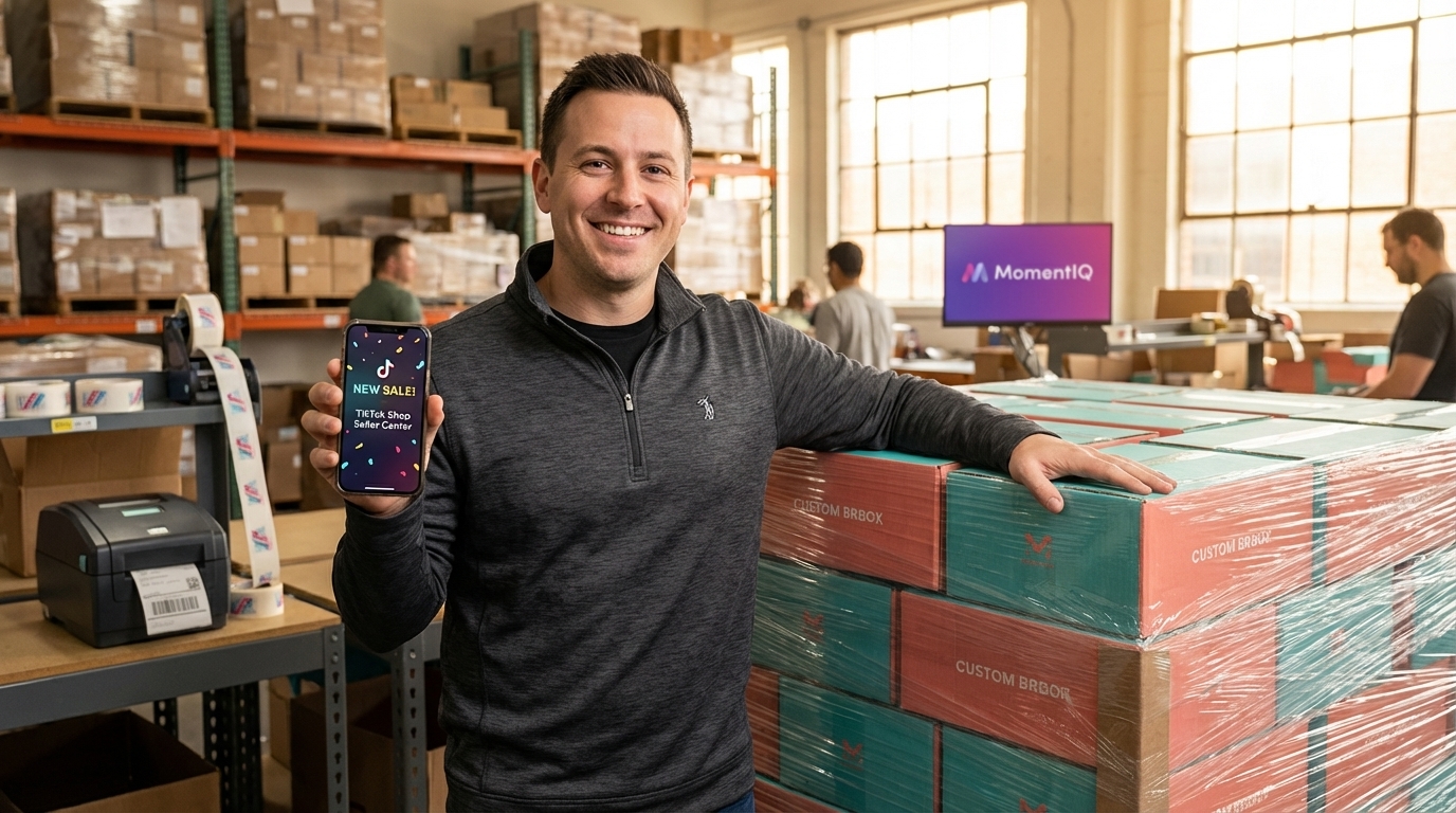 Proud brand owner celebrating new TikTok Shop sales with a pallet of branded shipping boxes in a fulfillment center.