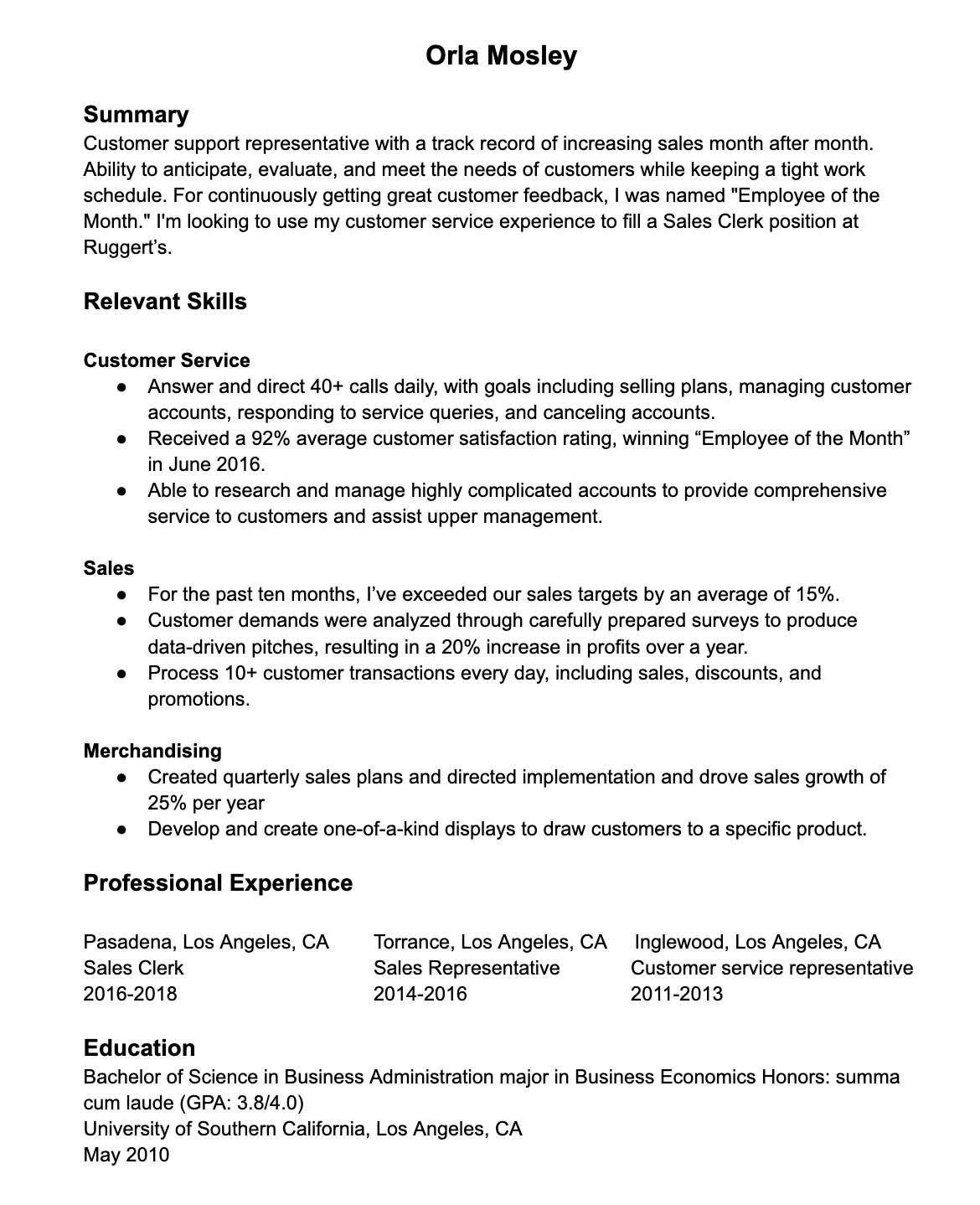 functional resume management skills