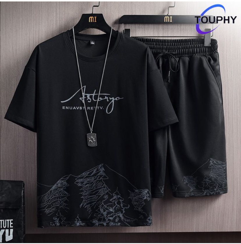 Sports Short Sleeve T-Shirt & Shorts Set - 2 Piece - Black