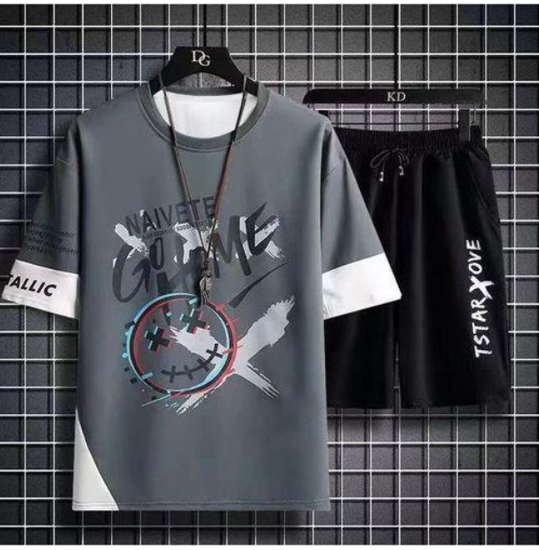 Dou-color Men's Fashion 2-in-1 Short Sleeve&Shorts Set - Grey