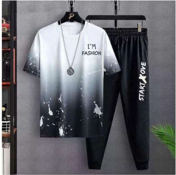 Dou-color Men's 2-in-1 short sleeved T-shirt and pants set - black