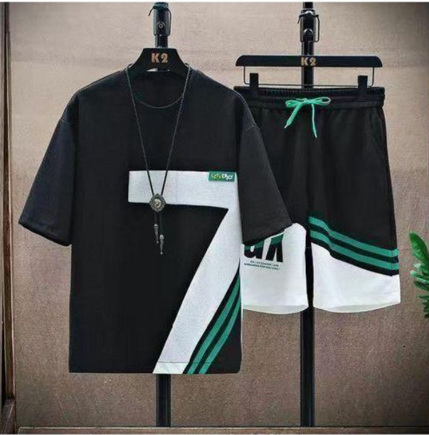 Dou-color Men's Shorts And T-shirt Set -2 Pieces - Black