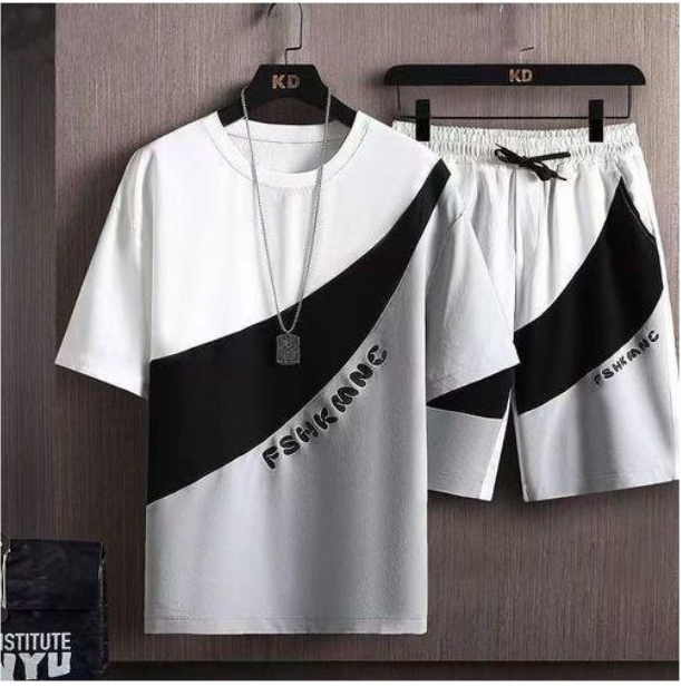 Dou-color Men's 2-in-1 short-sleeved T-shirt & shorts set - black and white