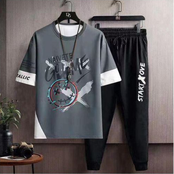 Dou-color Men's Fashion 2-in-1 Short Sleeved Long Pants Set - Black