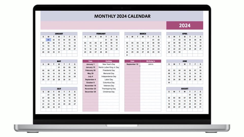 Monthly 2024 Calendar Template