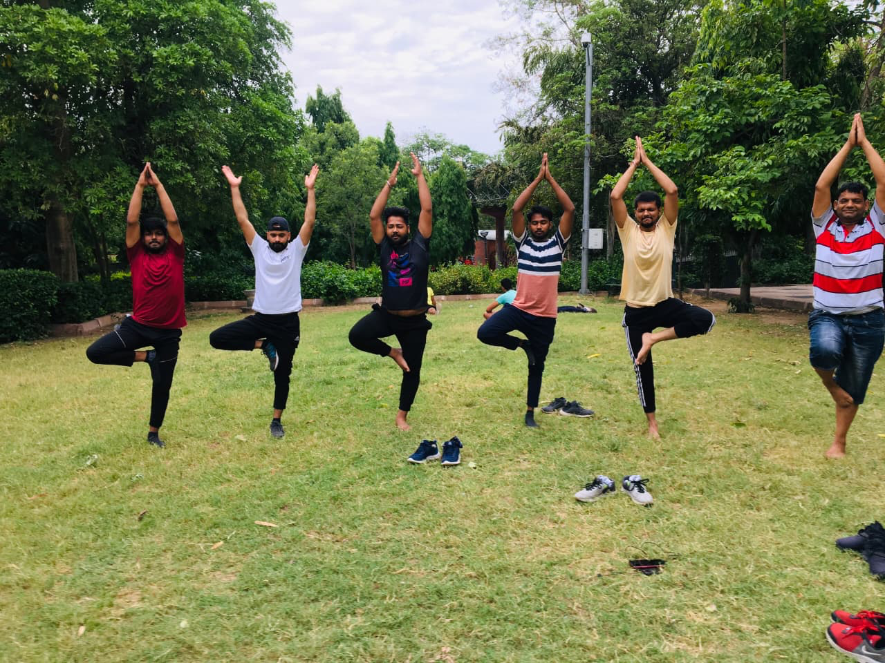 Group yoga session — tree pose outdoors