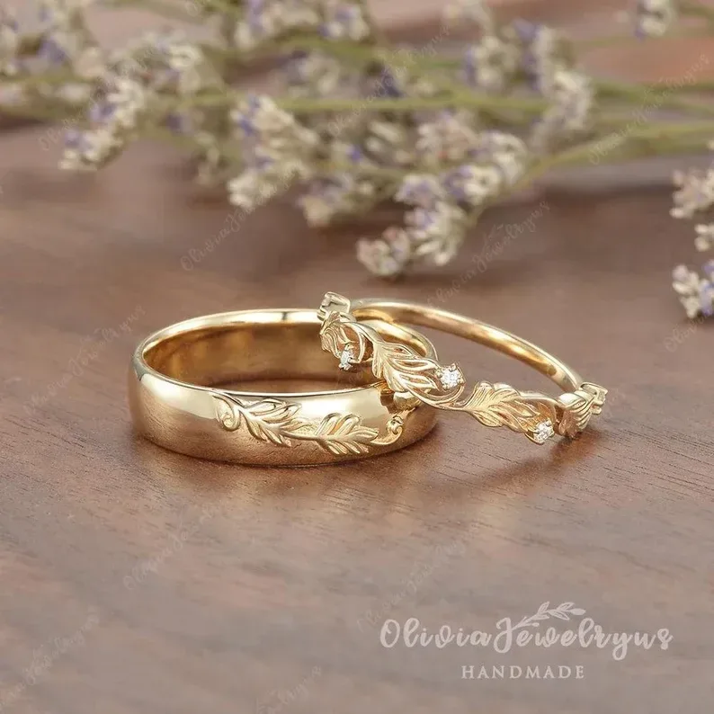 Eheringe Set mit Eichenblatt Motiv - oliviajewelryus