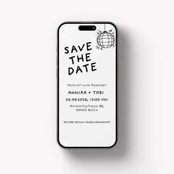 Save the Date WhatsApp Vorlage Hochzeit kostenlos - Discokugel