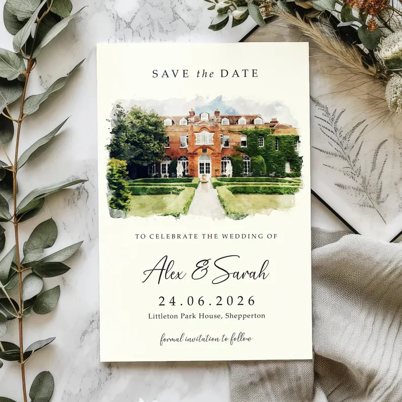 Save the Dates mit Aquarellbild der Location