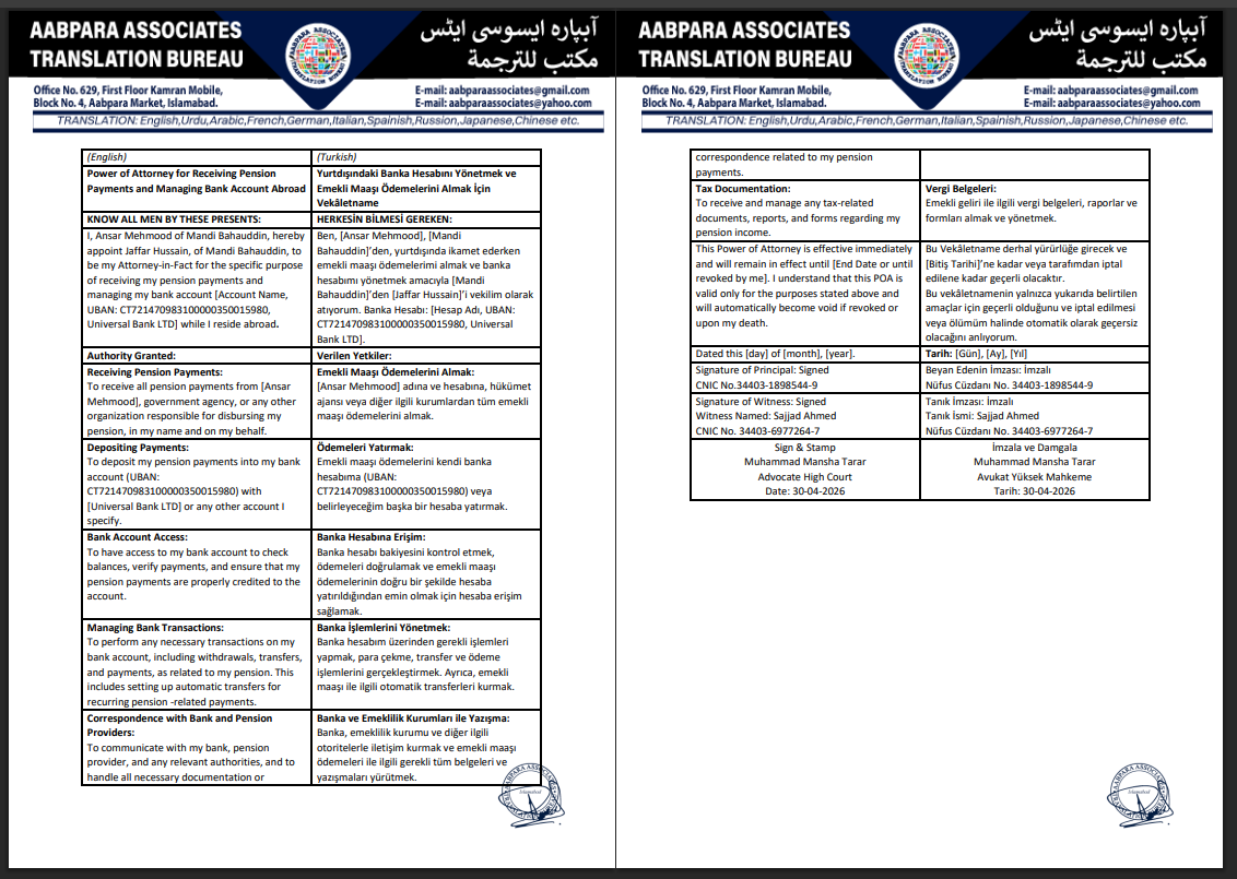 Power of Attorney English and Turkish Translation