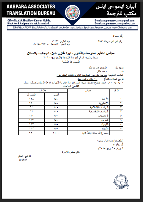 SSC Certificate Arabic Translation