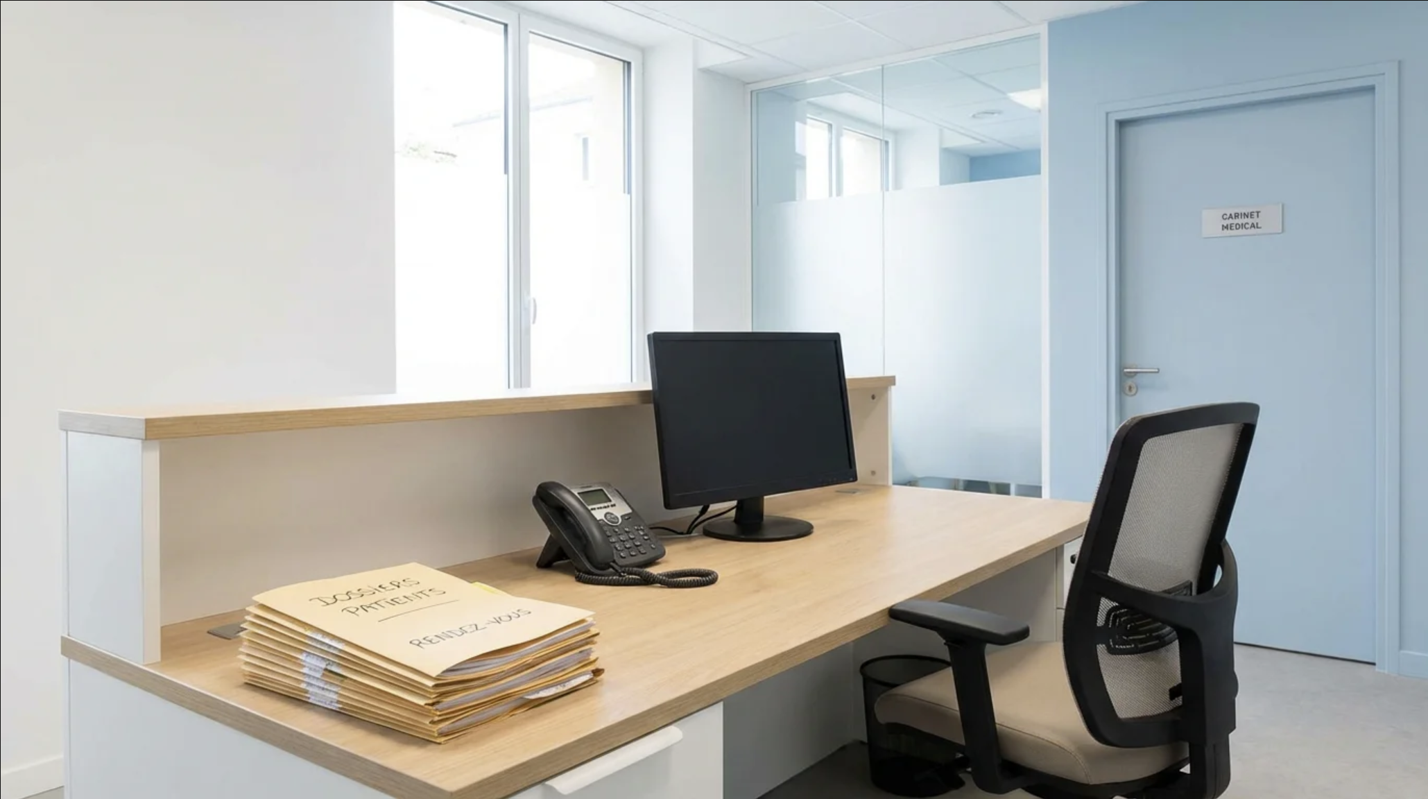 Bureau de secrétariat médical inoccupé illustrant les coûts cachés d'une absence en cabinet