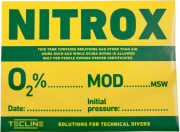 Klistremerke, Nitrox 30 x 22 cm. Tecline O2 %, MOD, date og initial.
