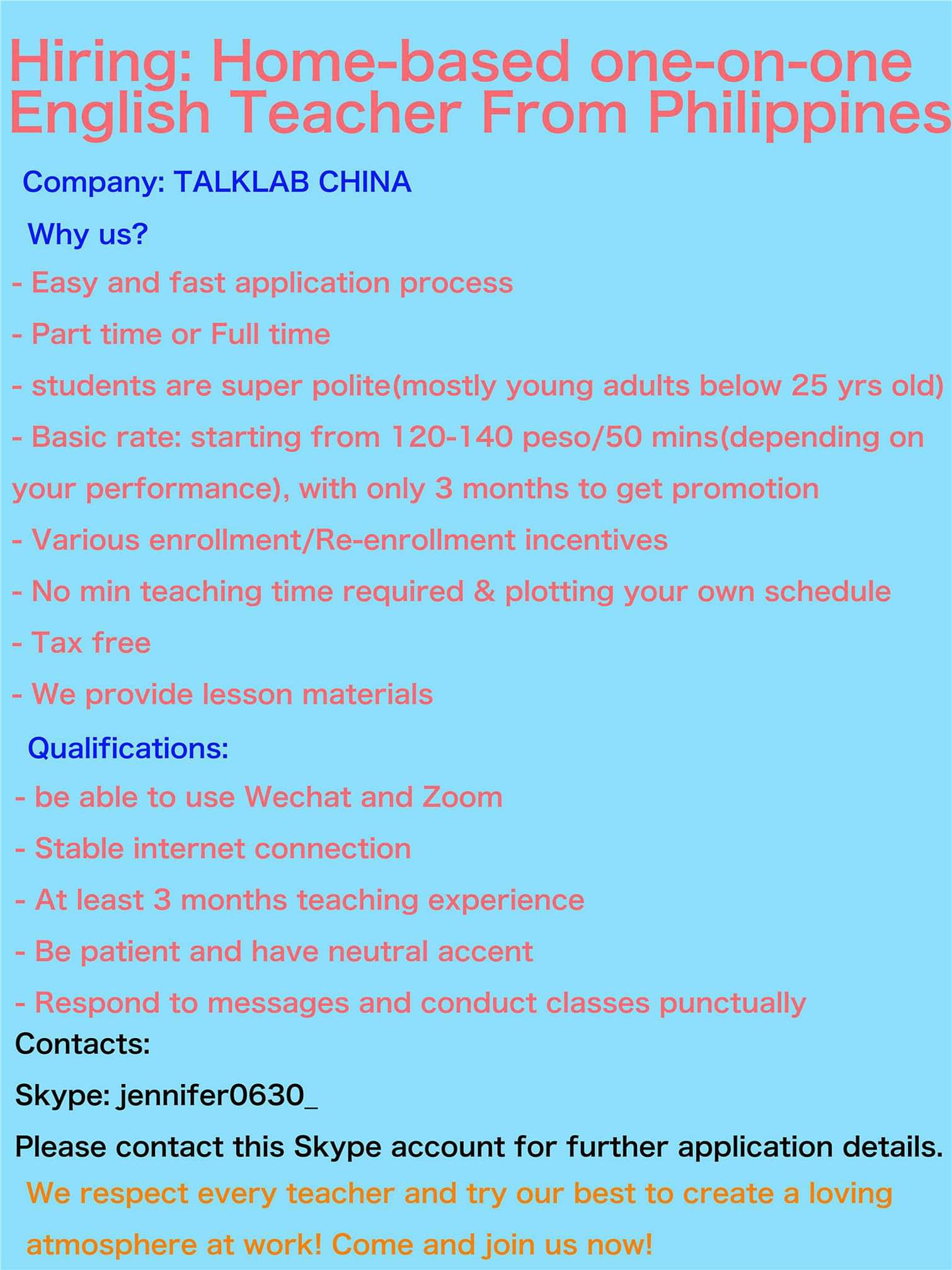 Talklab China hiring home-based English teachers