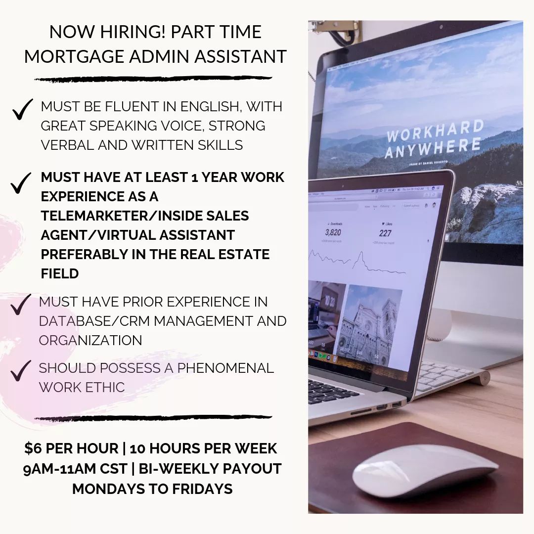 need part-time mortgage admin virtual assistant for 10 hours per week