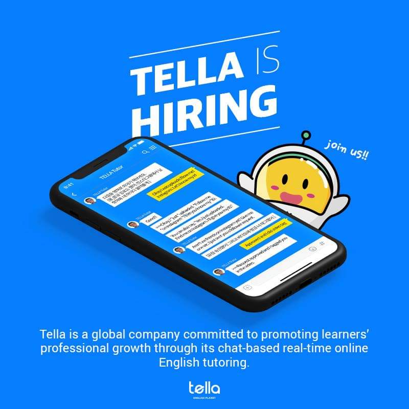 Tella is urgently looking for part-time chat-based online English teachers