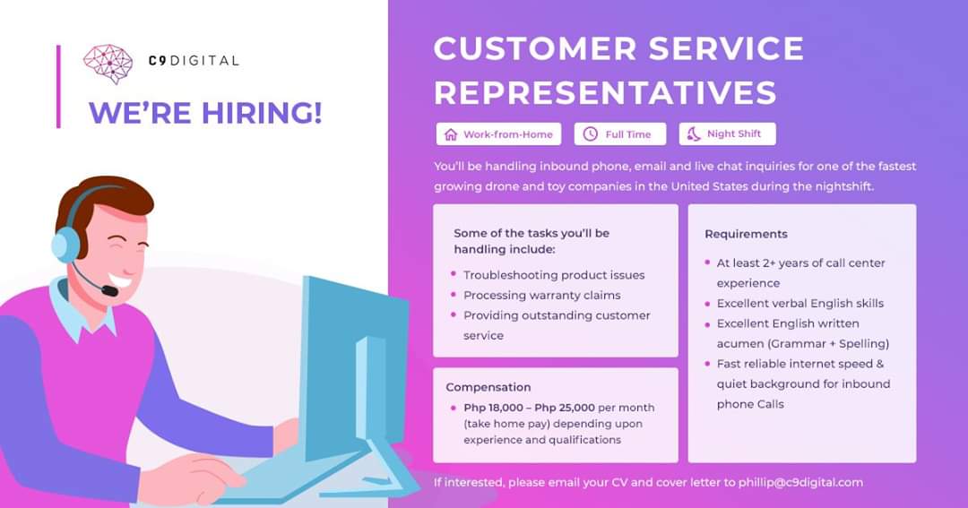 C9Digital is hiring home-based customer service representatives