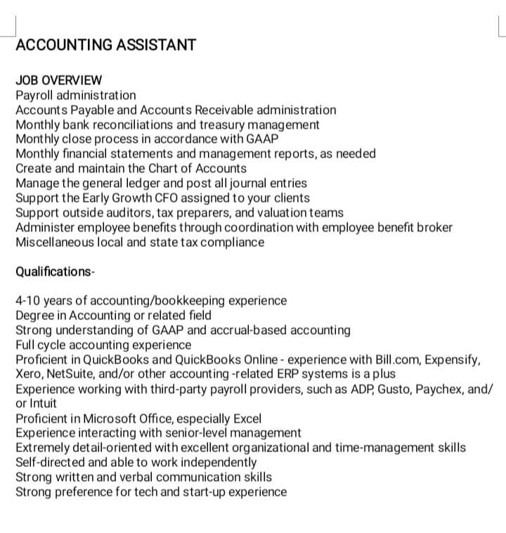 My client is looking for an accounting assistant