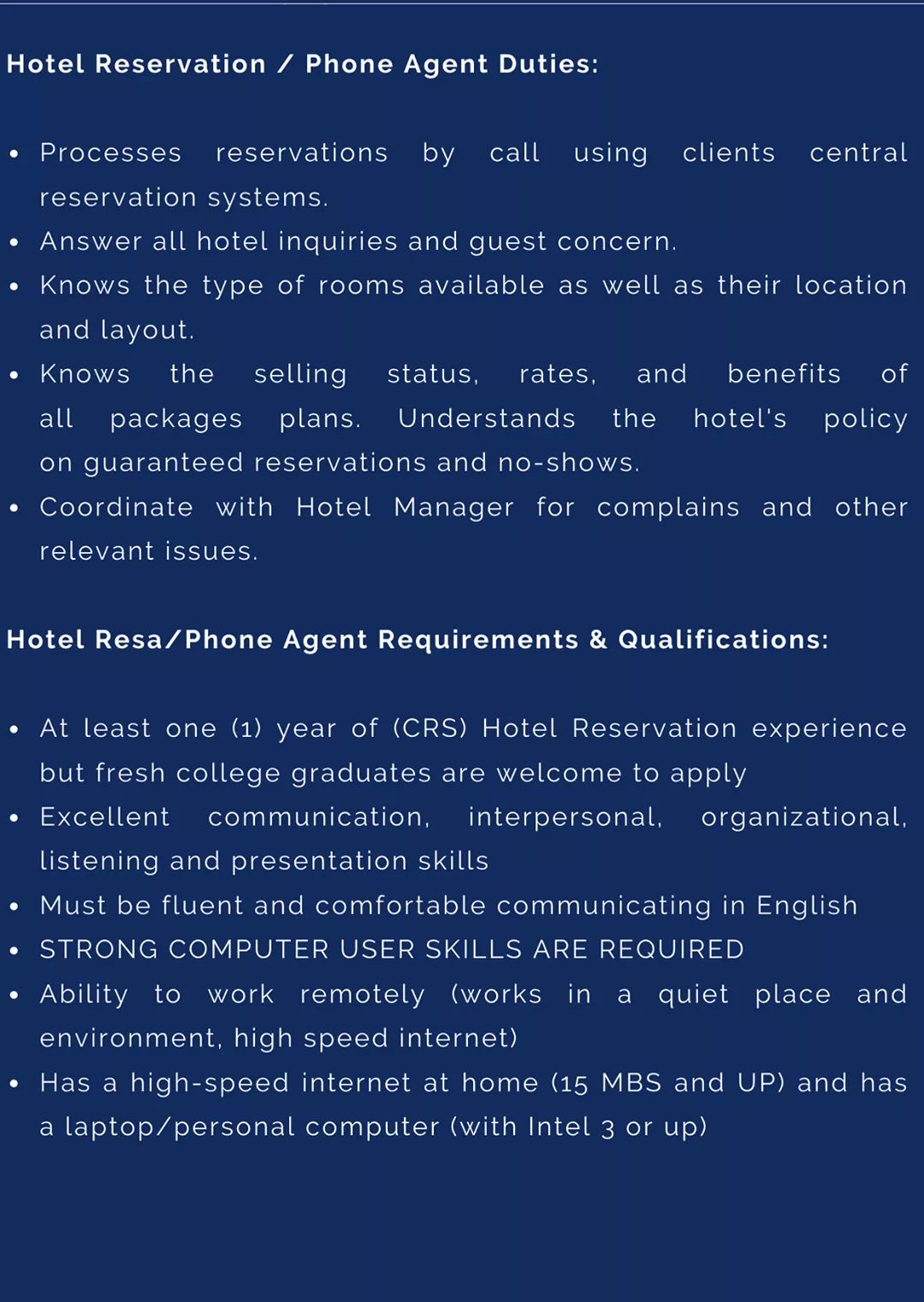 Hotel Reservation / Phone Agent CSR