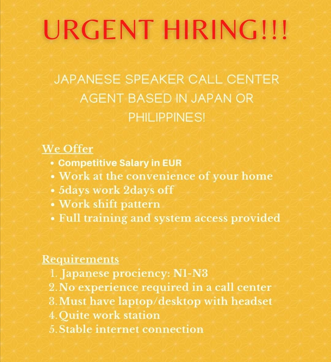 Super immediate hiring! European call center company is looking for customer support agents!