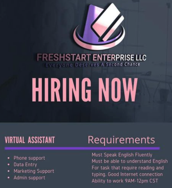 FreshStart Enterprise LLC is hiring for data entry and social media marketing