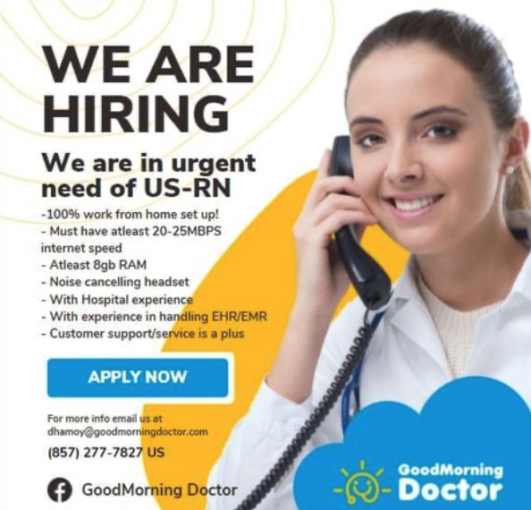 GoodMorning Doctor looking for experienced FILIPINO US-RN's to join our team!