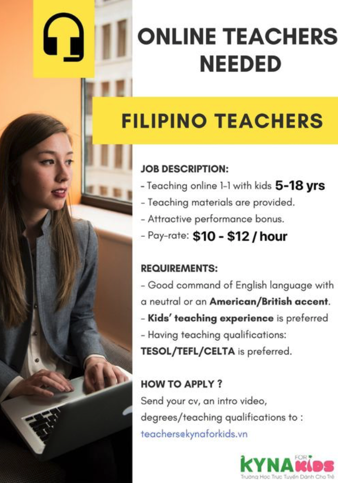 Kyna For Kids needing 3 Filipino teachers for 1-1 online English classes