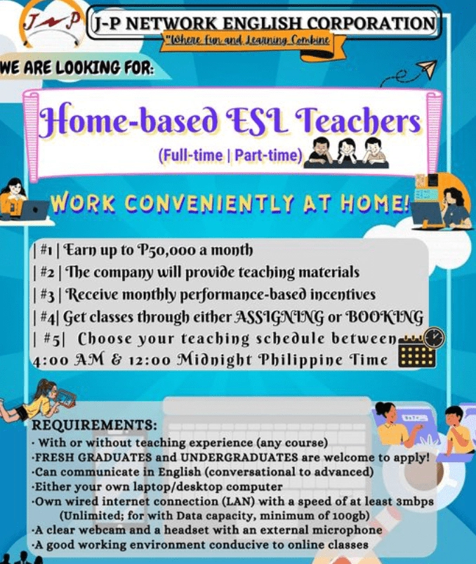 JP English Corp is URGENTLY looking for home-based ESL teachers