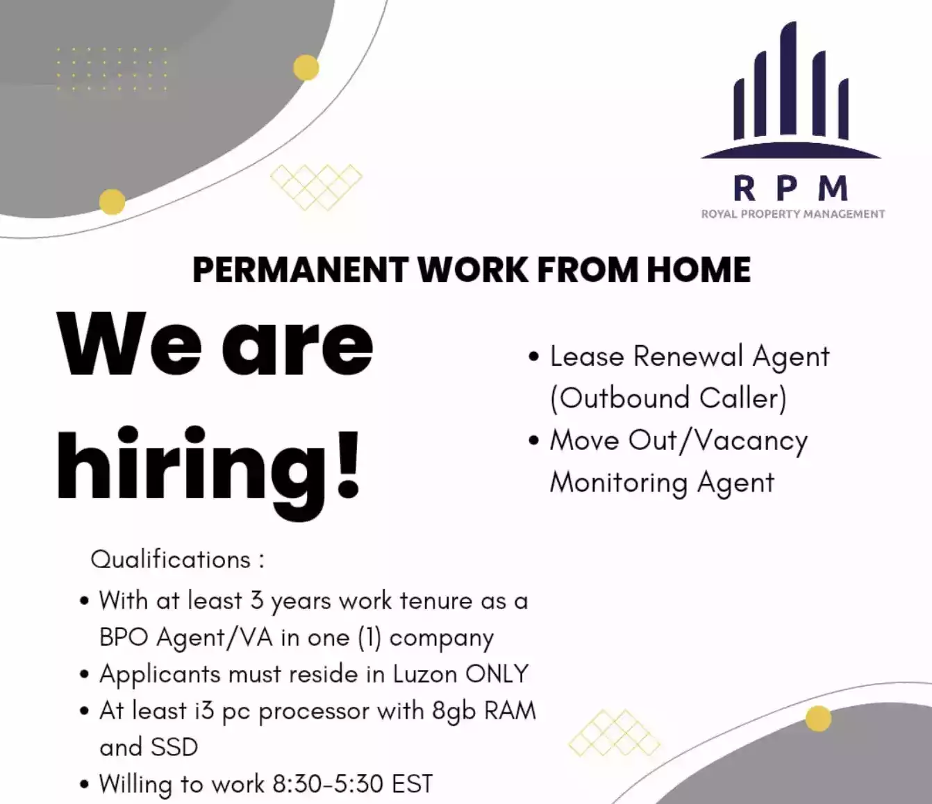 Royal Property Management LLC is hiring Lease Renewal Agent and Move out/Vacancy Monitoring Agent