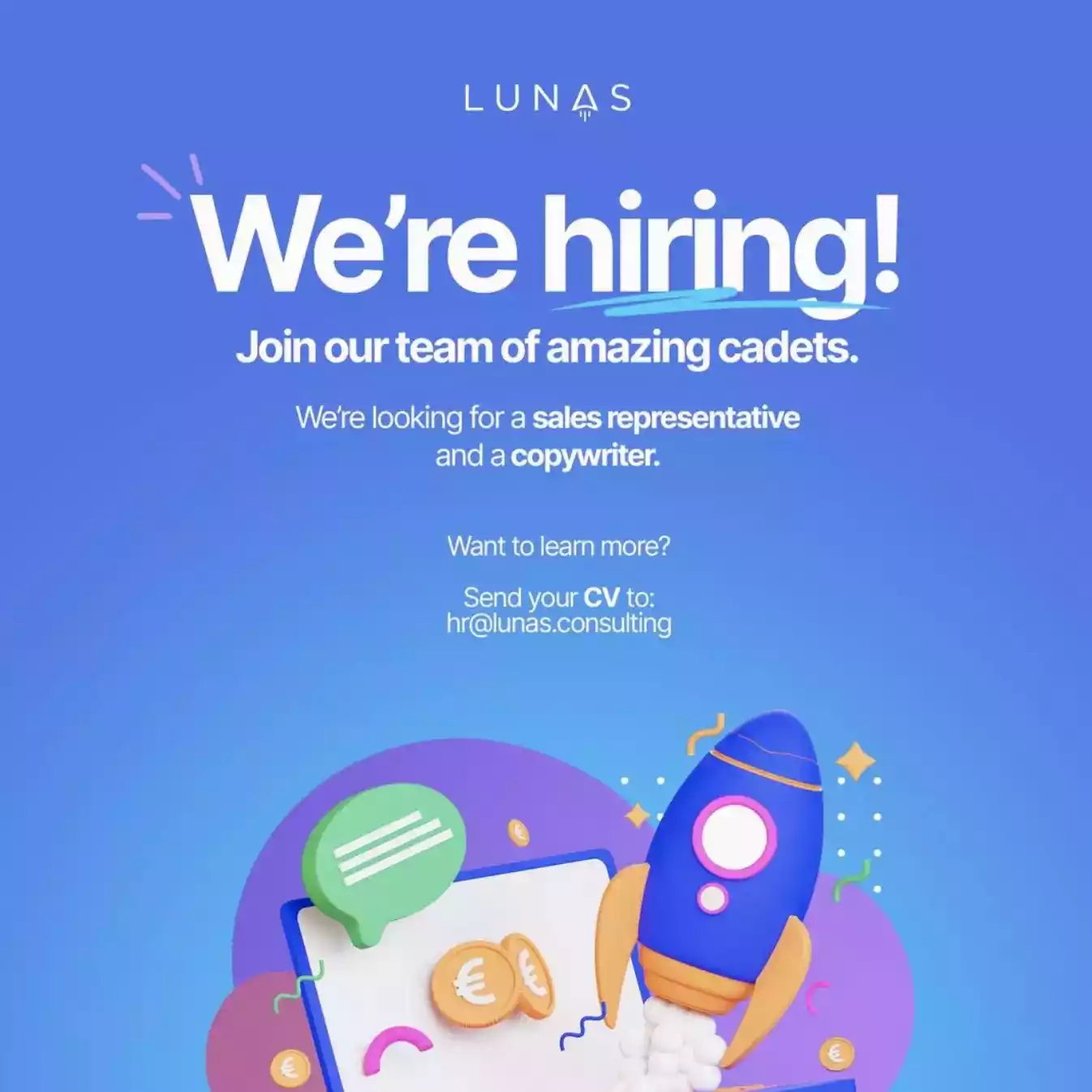 Lunas Consulting is Hiring a Sales Representative and a Copywriter!