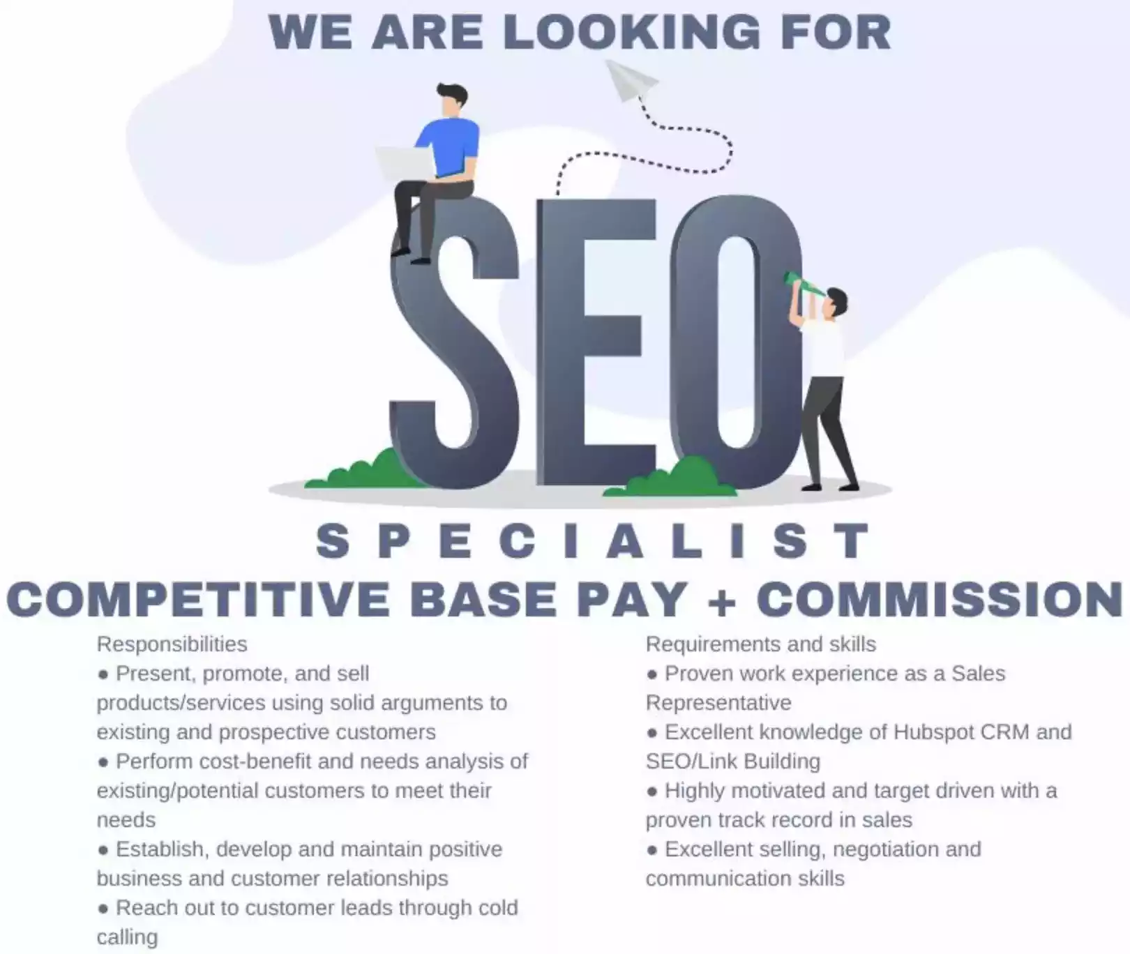 We are Looking for SEO Specialist! Competitive Base Pay + Commission!