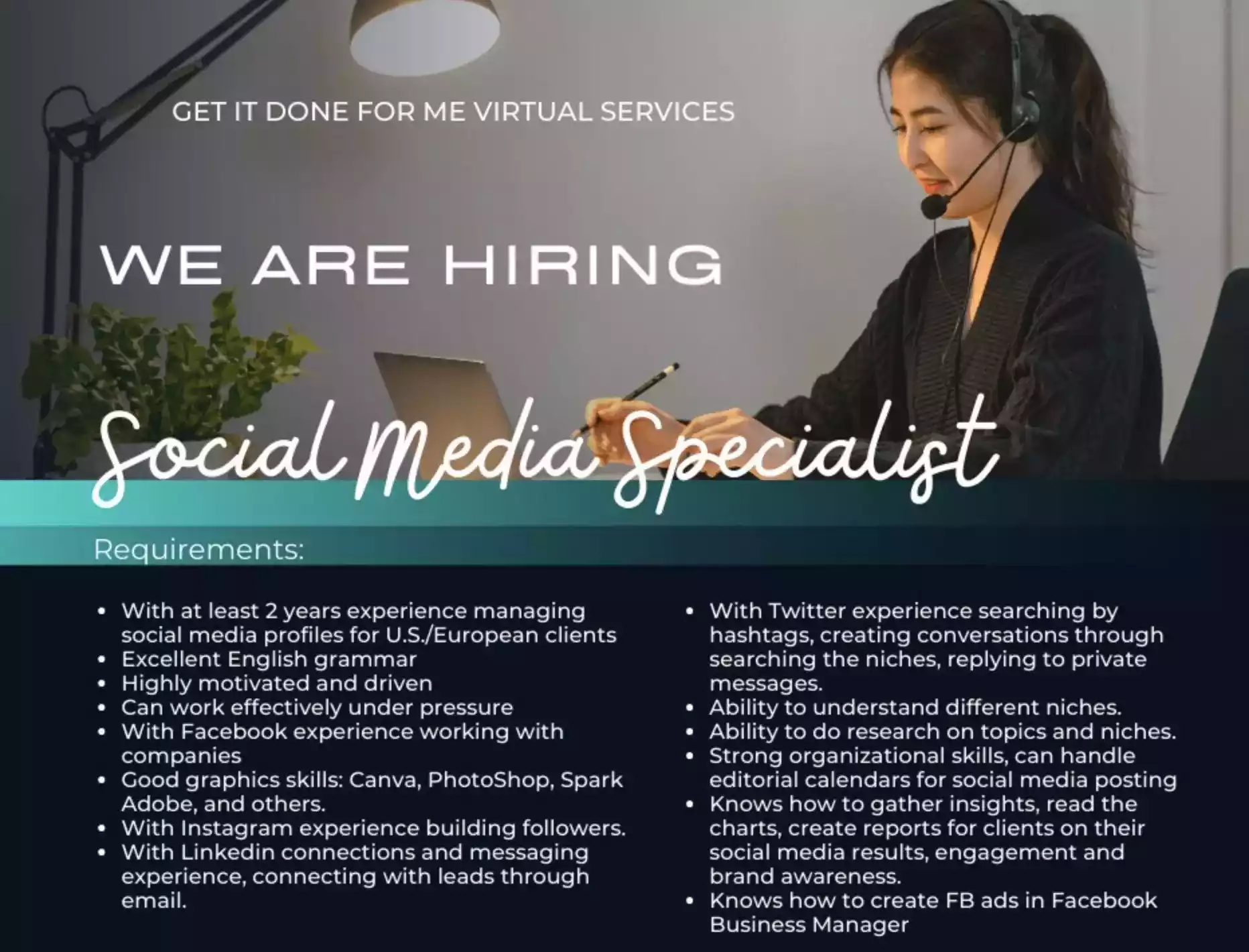 Job Position: Experienced Social Media Specialist! With at least 2 years experience managing social media profiles