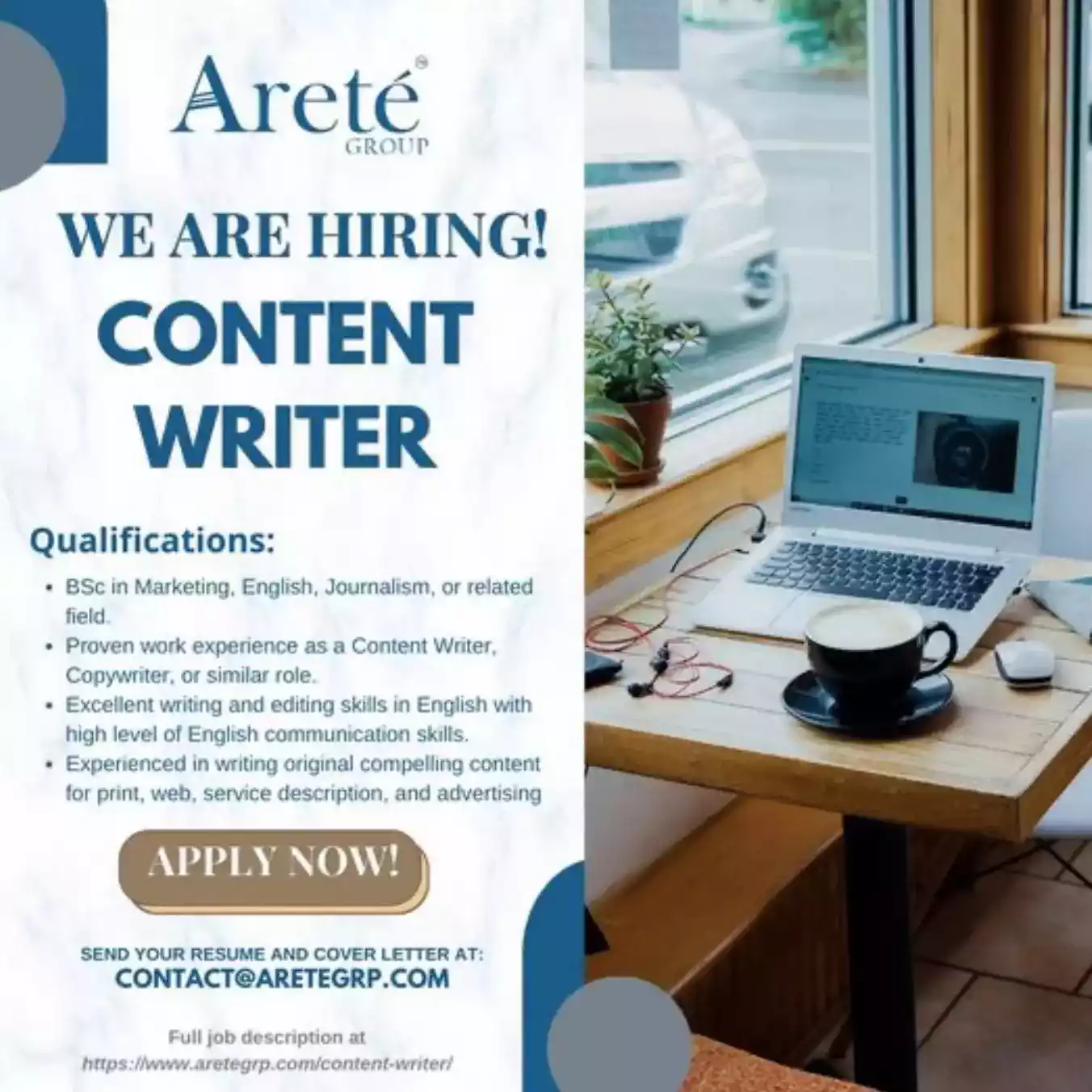 Arete Group Ltd is Hiring Content Writer, Salary Range: $400 - $450 per month