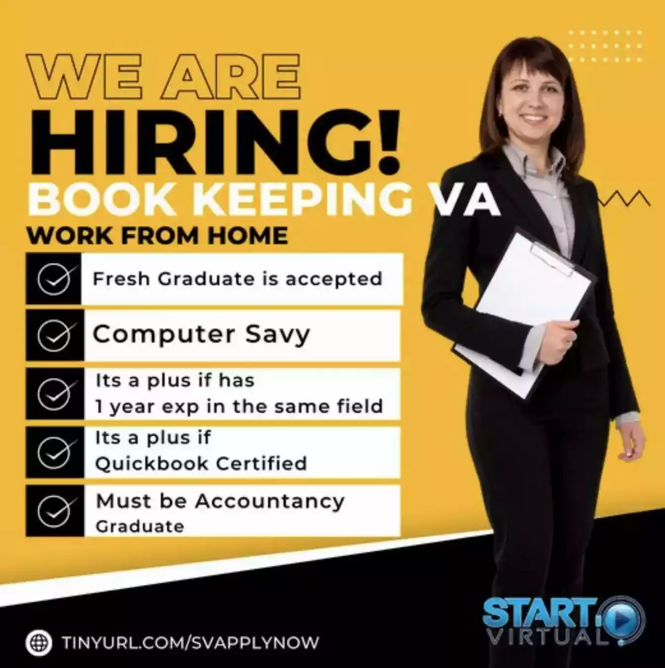 Start Virtual is in need of bookkeepers for urgent hiring! Permanent Work-From-Home Setup