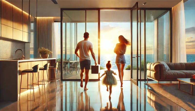 Família feliz caminhando para a praia