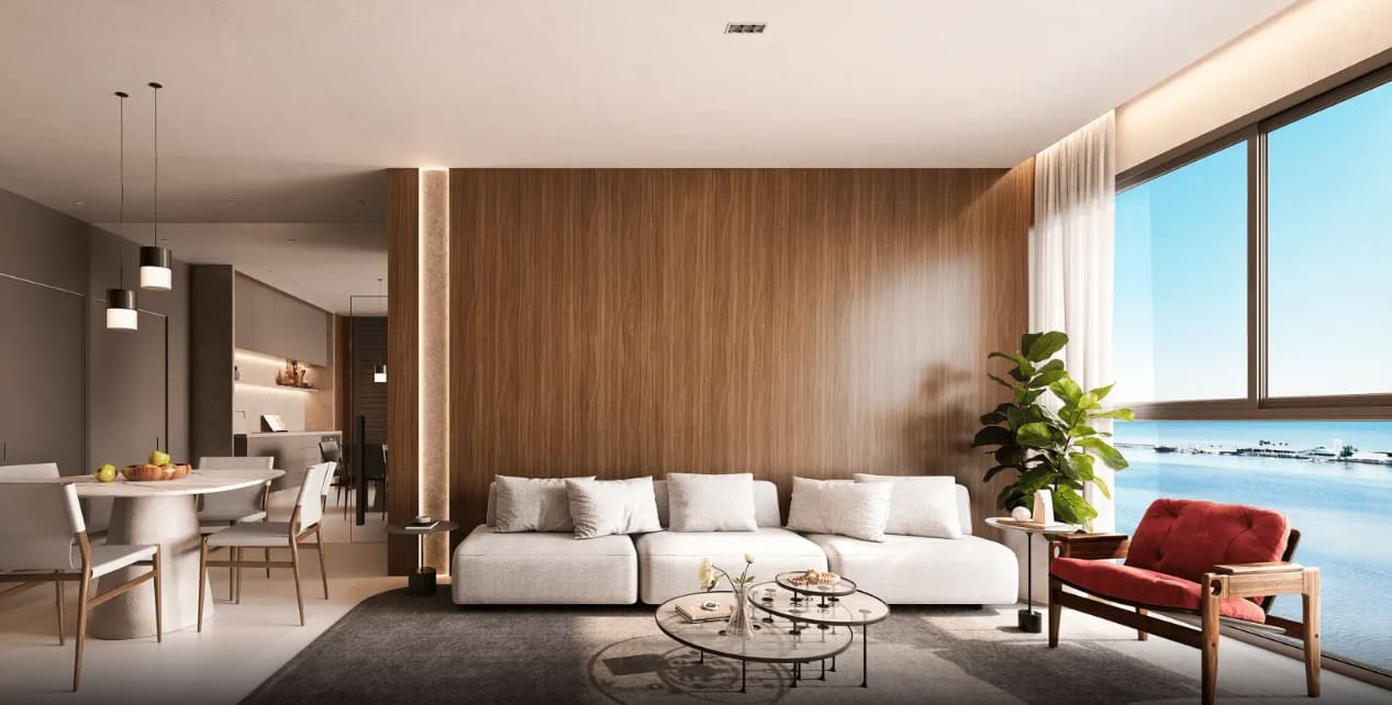 Sala de estar e jantar, apartamento 64m² - Beach Class Novo Cais